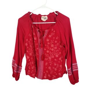 Savanna Jane Womens Red Embroidered Peasant Cottage Blouse Long Sleeve SZ Small
